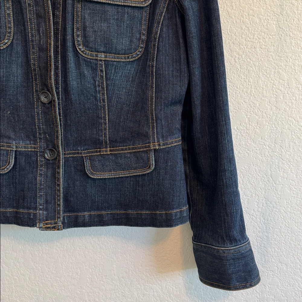 TALBOTS WOMENS DENIM JEAN JACKET SIZE 6 TAPERED FITTED COLLARLESS BUTTON BLUE - Picture 3 of 12